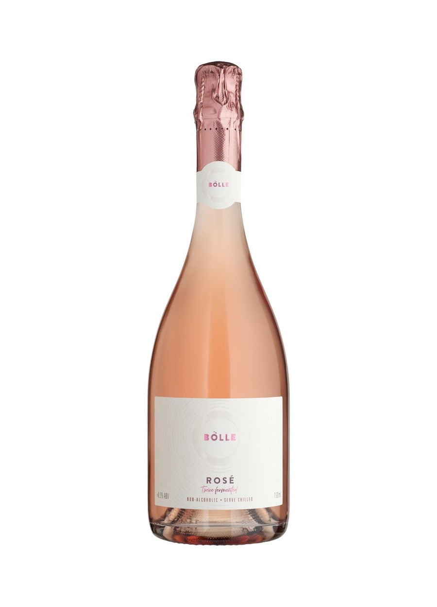 A bottle of Bolle Rosé Non Alcoholic sparkling wine, featuring a pale pink rosé wine liquid, a white label with pink text, and a metallic rose gold foil capsule on a white background.