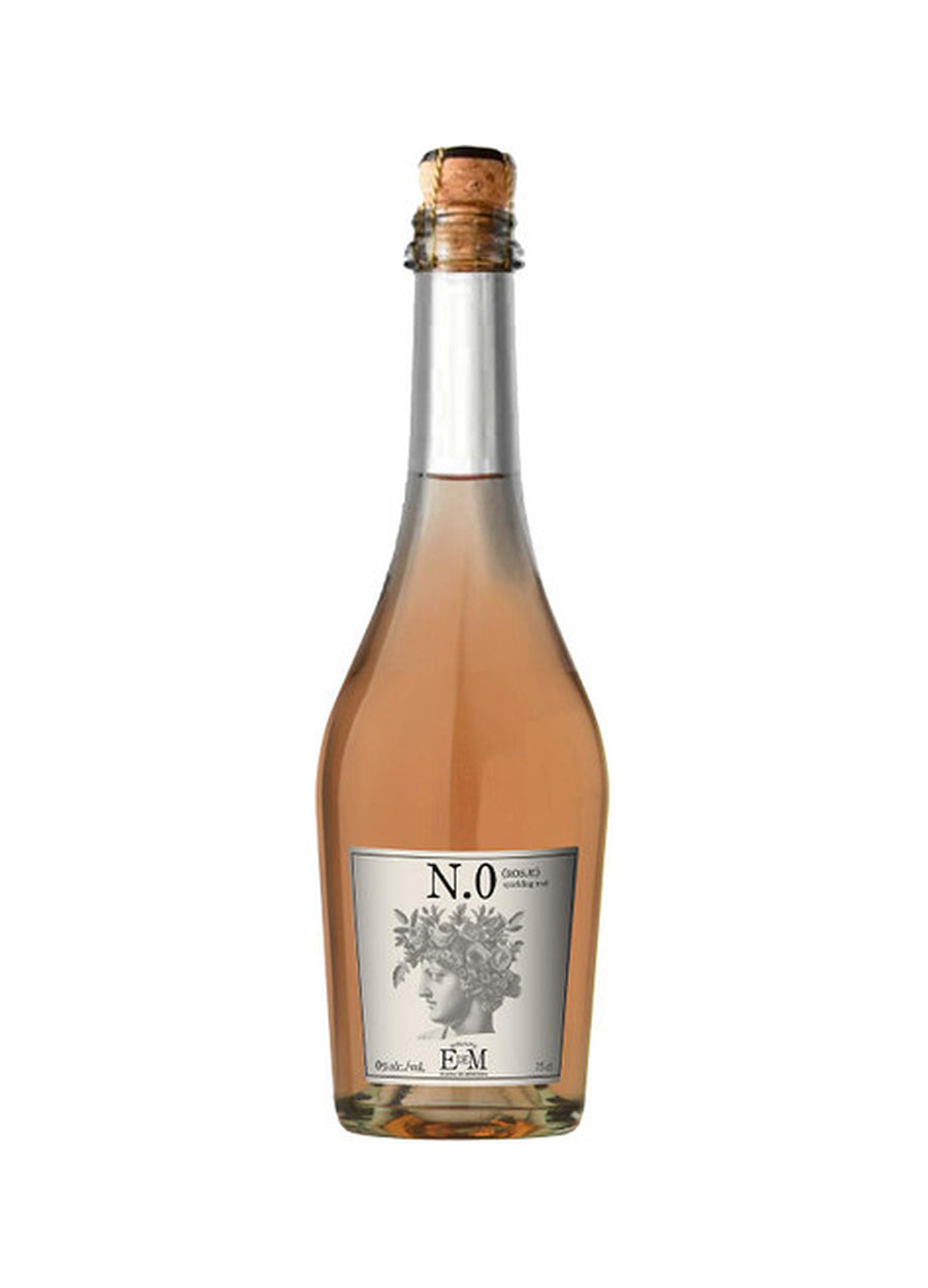A bottle of N.0 Rosé Pink sparkling wine with a silver foil and cork closure, featuring a white label with a classical bust illustration, set against a plain white background.