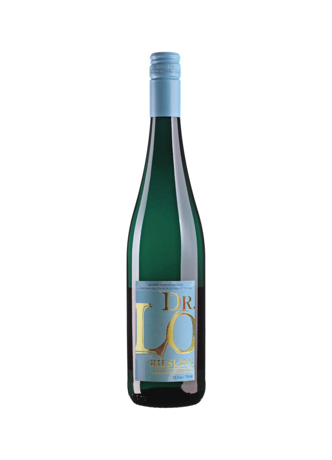 A green glass wine bottle with a light blue foil capsule and a light blue label featuring gold lettering that reads 'DR LO'.