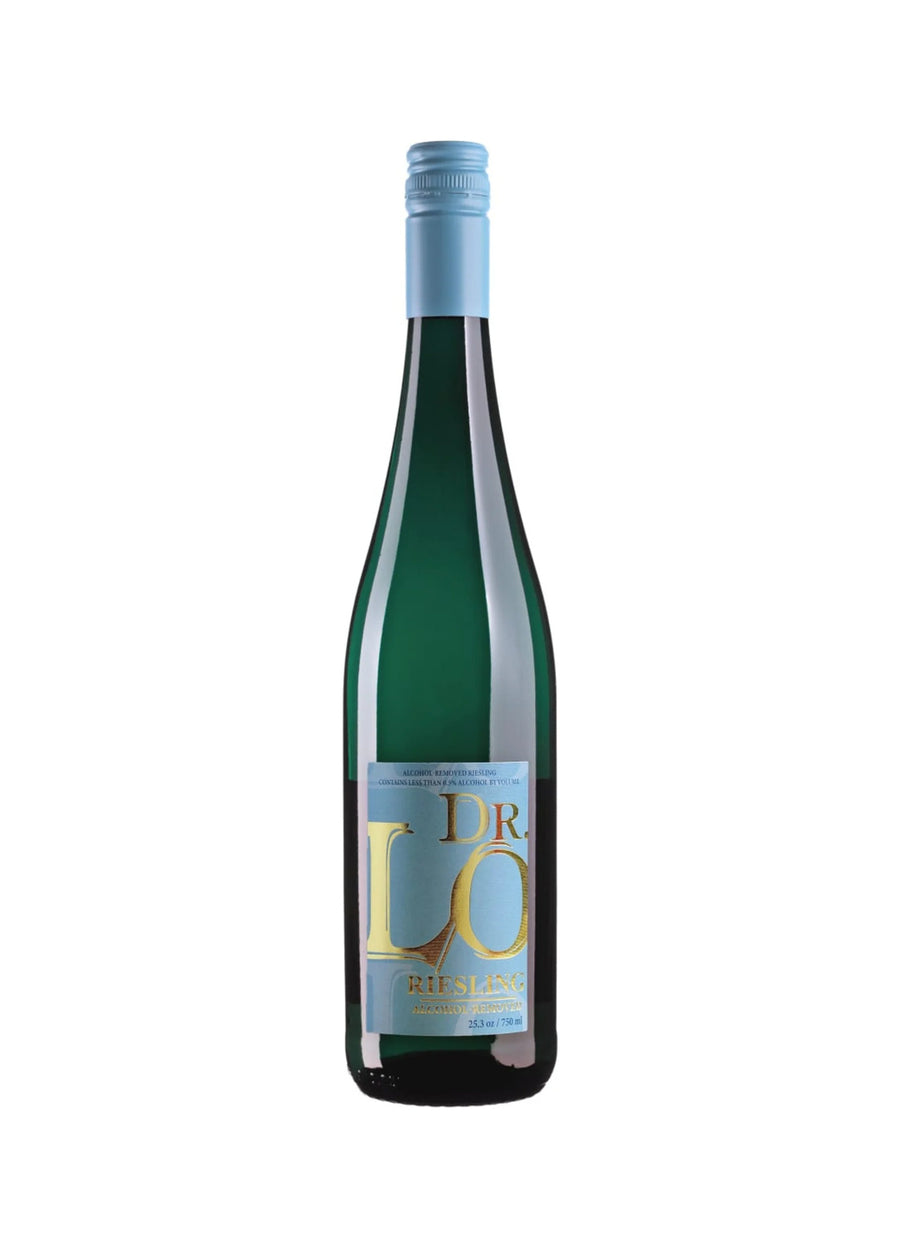 A green glass wine bottle with a light blue foil capsule and a light blue label featuring gold lettering that reads 'DR LO'.