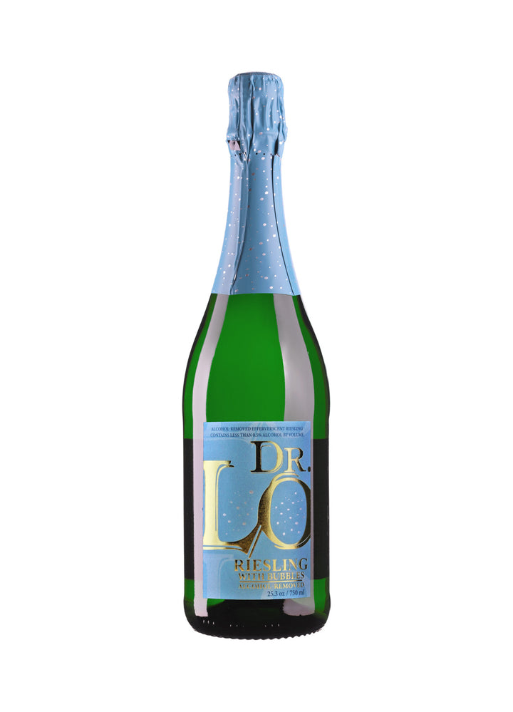 A bottle of Dr. Lo Riesling with Cherry sparkling wine, featuring a green glass bottle, a light blue foil-wrapped neck, and a light blue label with gold lettering.