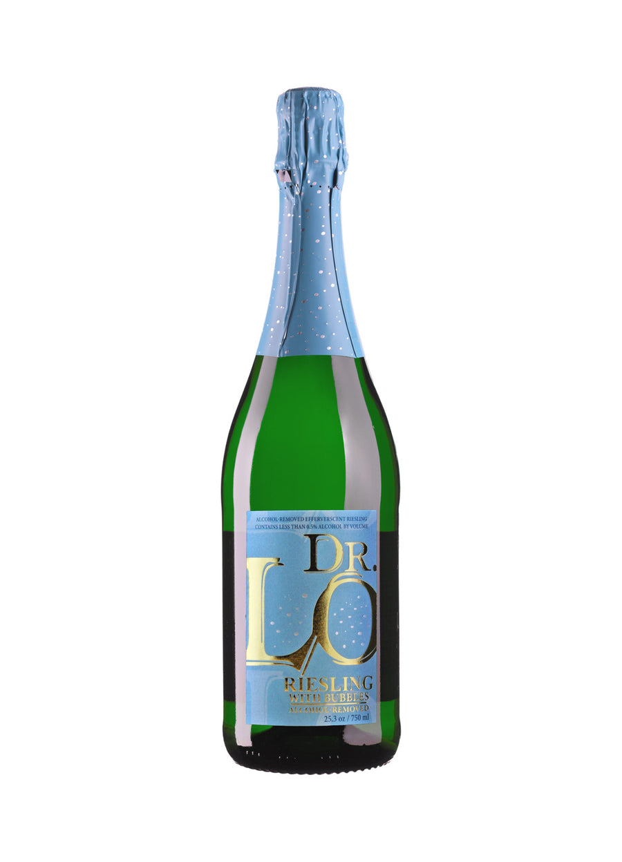 A bottle of Dr. Lo Riesling with Cherry sparkling wine, featuring a green glass bottle, a light blue foil-wrapped neck, and a light blue label with gold lettering.