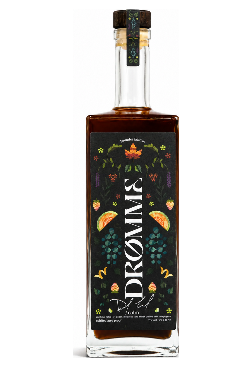 A square glass bottle of Dromme Calibre elderberry syrup, featuring a black label decorated with colorful botanical illustrations and a dark cork stopper, set against a plain white background.