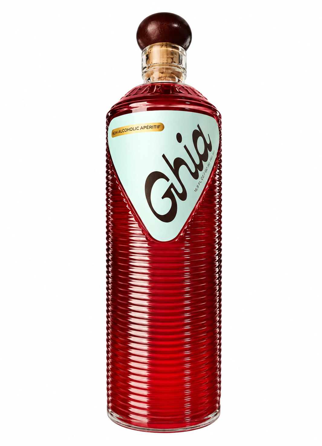A bottle of Ghia red macerated liqueur, featuring a ribbed clear glass body that highlights the deep red liquid inside, a light blue label with the brand name 'Ghia' in black script, and a dark brown wooden stopper on a white background.