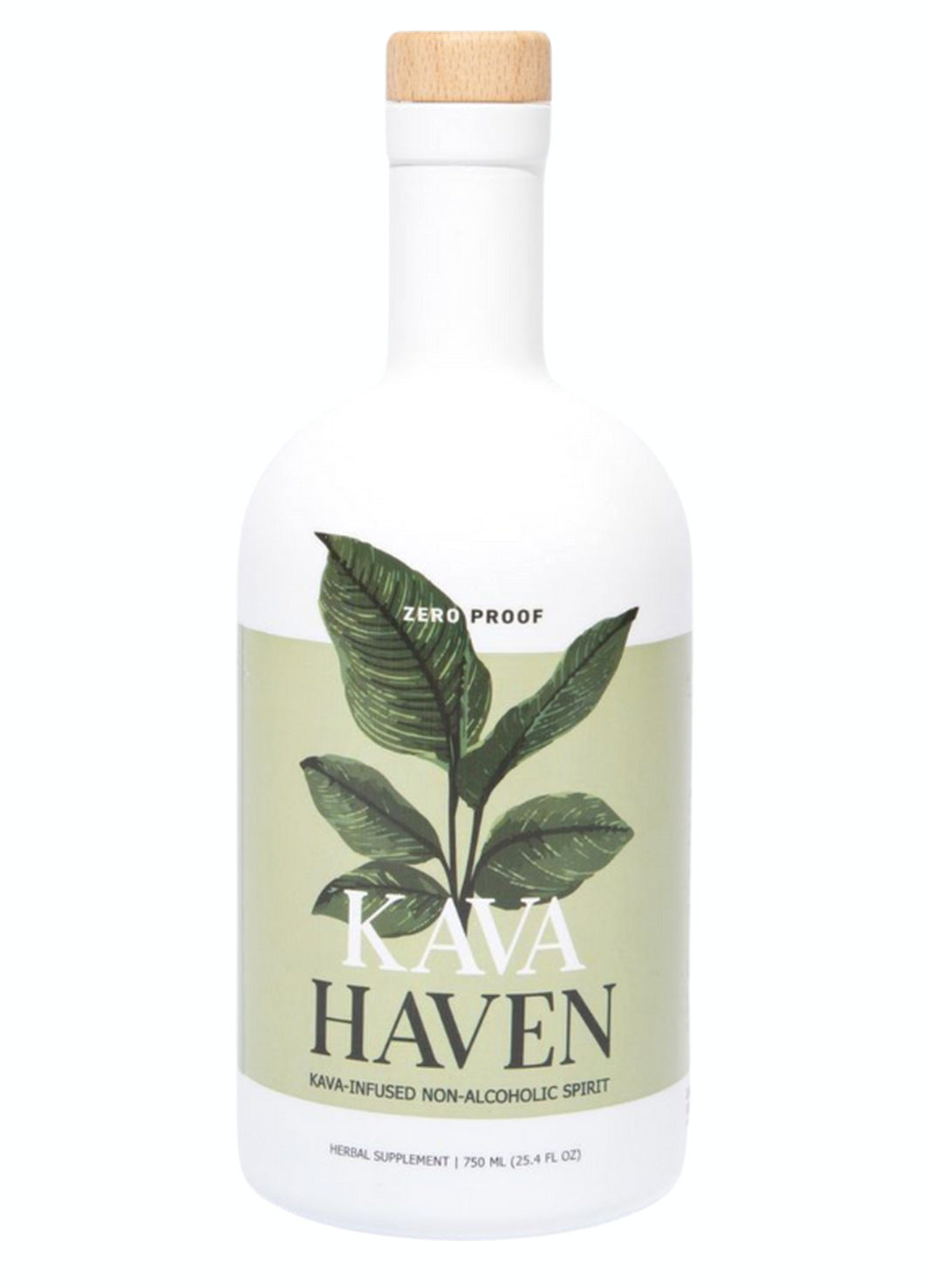 A white glass bottle of Kava Haven Kava-Infused Non-Alcoholic Spirit with a light wood cap and a green botanical label, set against a plain white background.