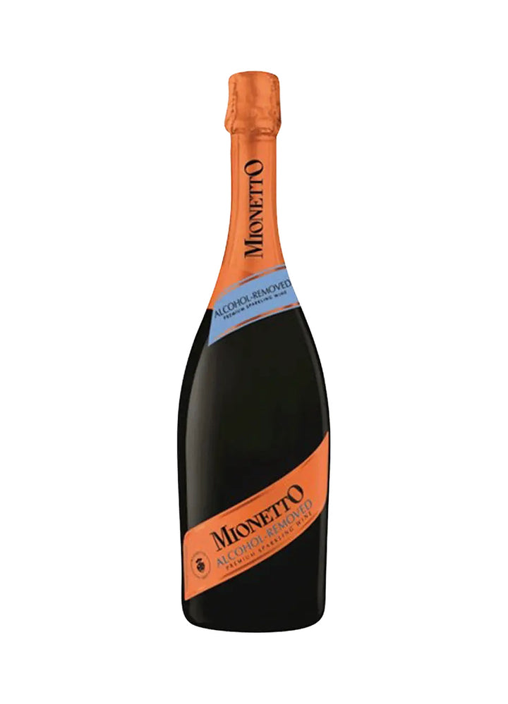 A bottle of Monetto Alcoholic Non-Alcoholic Mixed Nectarine Grapefruit Champagne on a solid white background.