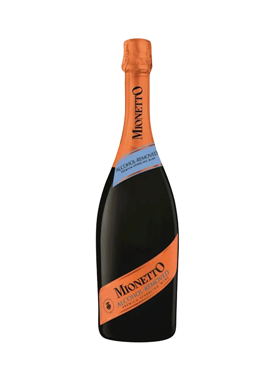 A bottle of Monetto Alcoholic Non-Alcoholic Mixed Nectarine Grapefruit Champagne on a solid white background.