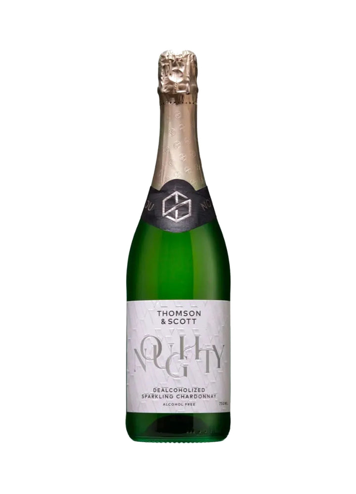 A bottle of Thomson & Scott de-alcoholized sparkling champagne in a green glass bottle with a white label and gold foil, isolated on a white background.