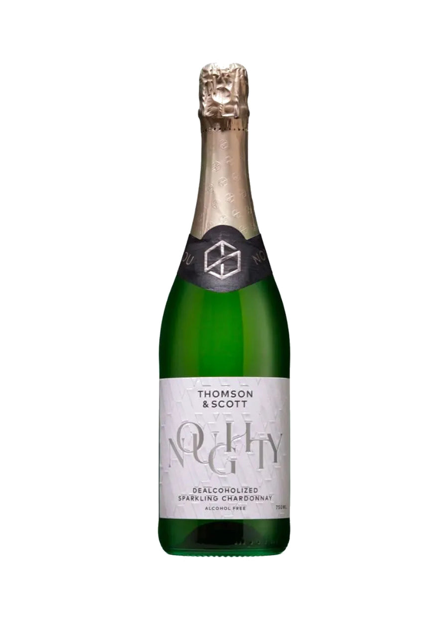 A bottle of Thomson & Scott de-alcoholized sparkling champagne in a green glass bottle with a white label and gold foil, isolated on a white background.