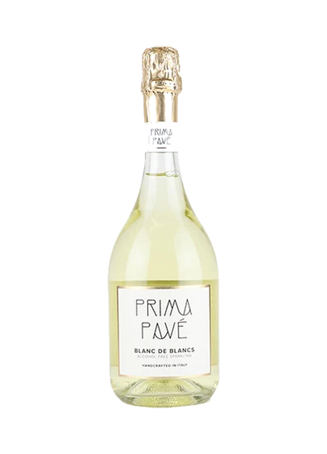 A bottle of Prima Pavé Blanc de Blancs sparkling wine with pale yellow liquid, a white label, and a gold foil cap, isolated on a white background.