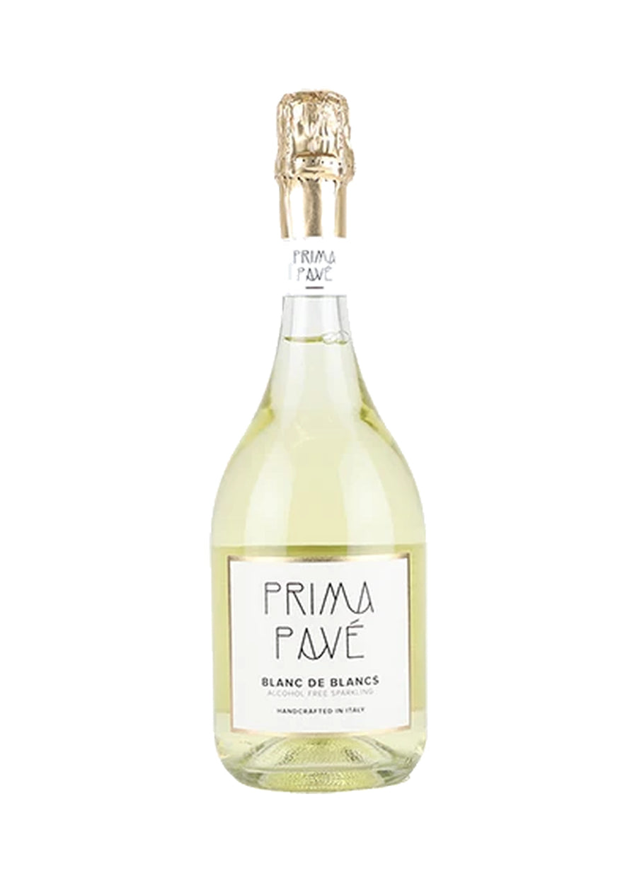 A bottle of Prima Pavé Blanc de Blancs sparkling wine with pale yellow liquid, a white label, and a gold foil cap, isolated on a white background.