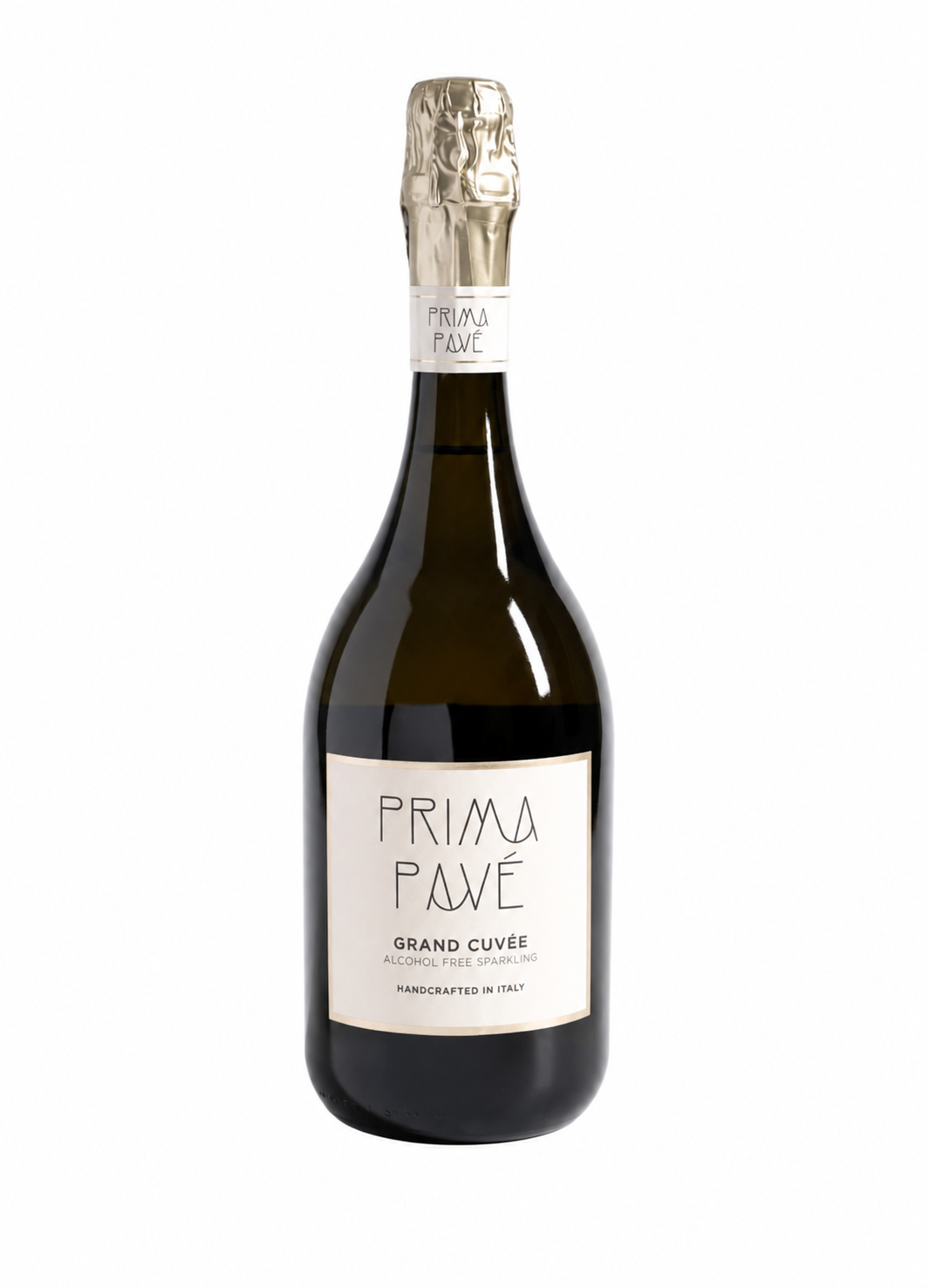 A bottle of Prima Pavé Grand Cuvée sparkling wine, featuring a dark glass bottle with a cream-colored label and a gold foil-wrapped neck, set against a plain white background.