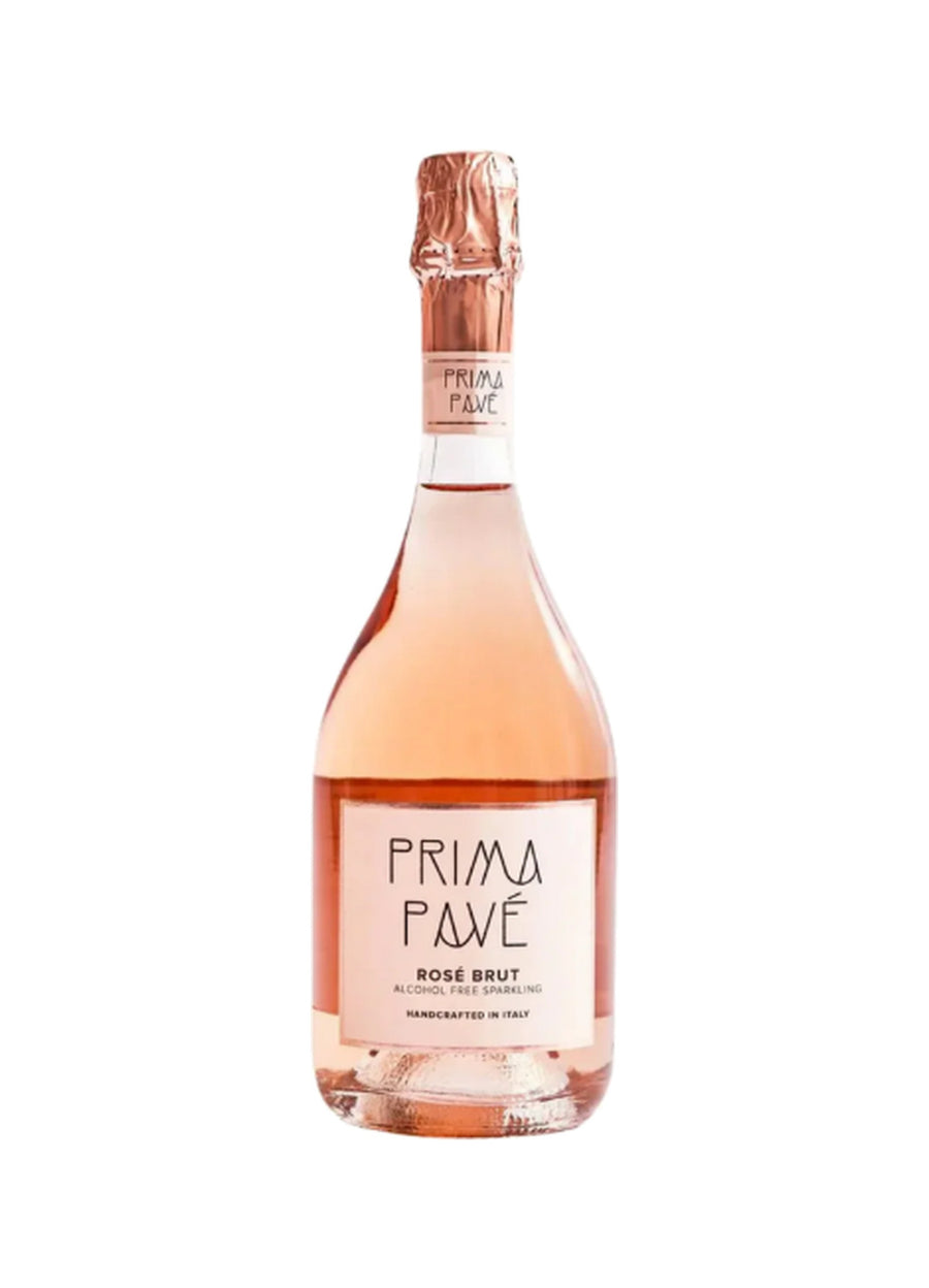 A bottle of Prima Pavé Rosé Brut sparkling wine, showing the pale pink rosé wine inside a clear glass bottle with a white label and a metallic rose gold foil seal on the neck, set against a plain white background.
