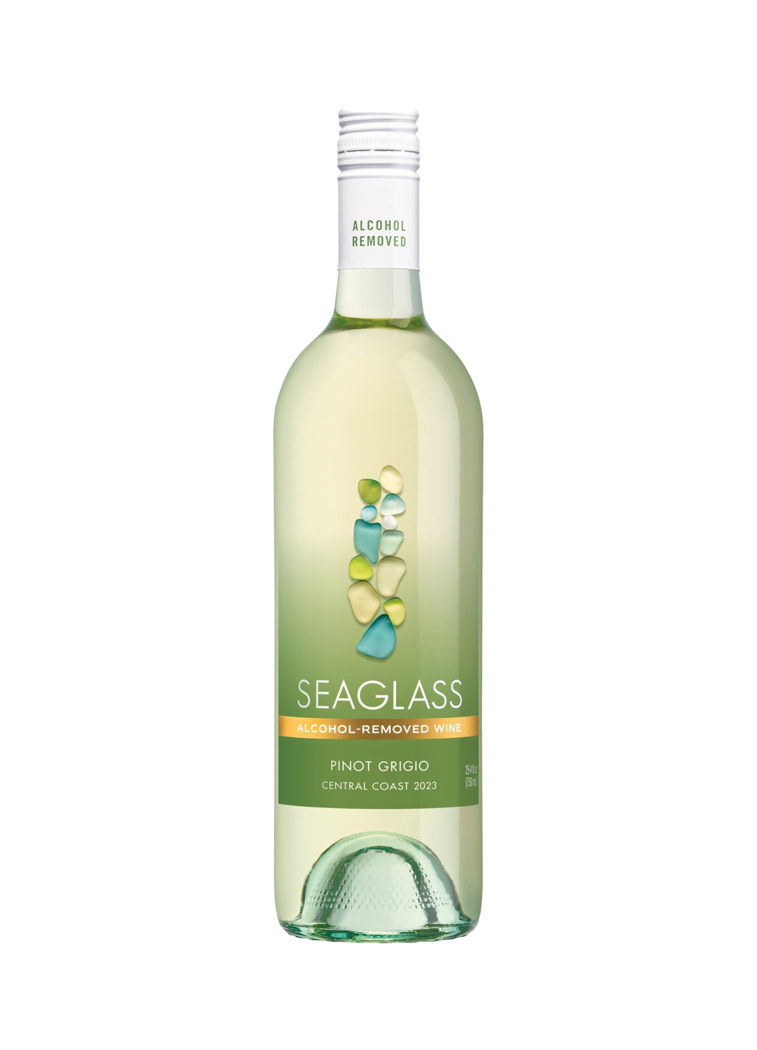 A bottle of Seaglass Alcohol Removed Pinot Grigio wine on a solid white background. The bottle is clear glass showing the pale yellow-green wine inside, with a green label featuring a graphic of stacked stones and an orange accent band.