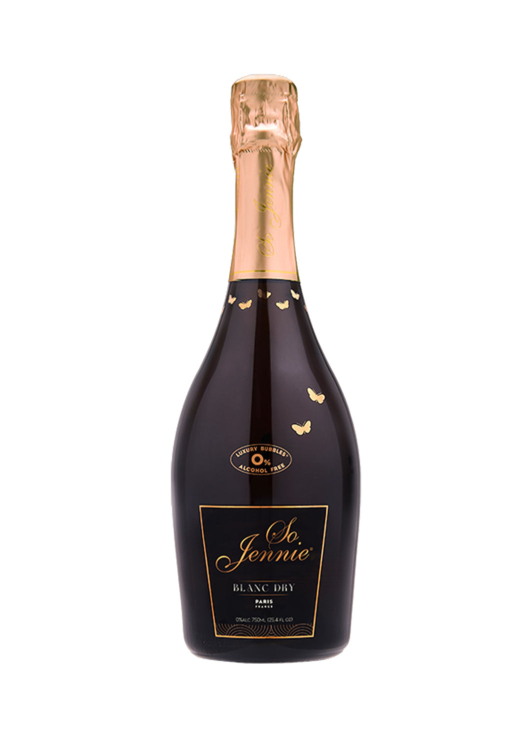 A bottle of So Jennie Blanc de Blancs sparkling wine, featuring a dark glass bottle with gold butterfly accents and a gold foil neck, set against a plain white background.