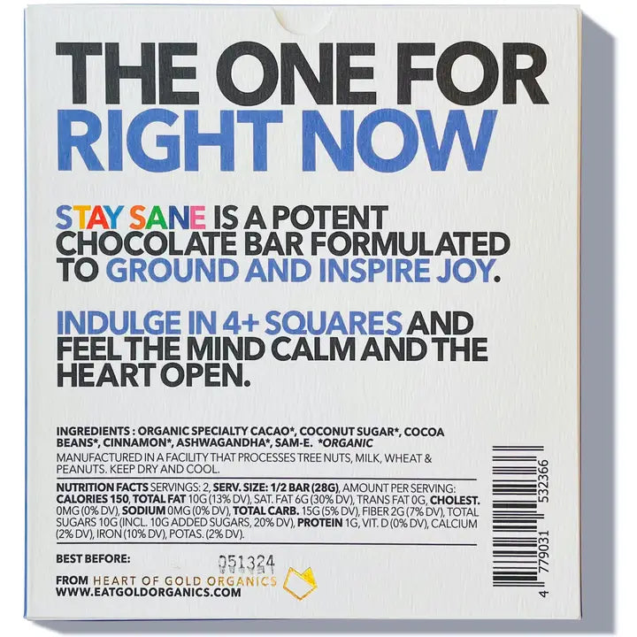 Eat Gold Organics Stay Sane Functional Chocolate Bar